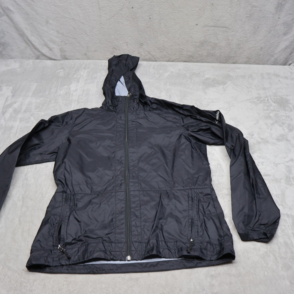 Columbia Jacket Women Medium Black Wind Rain Full Zip Hooded Light Pack Ouitdoor